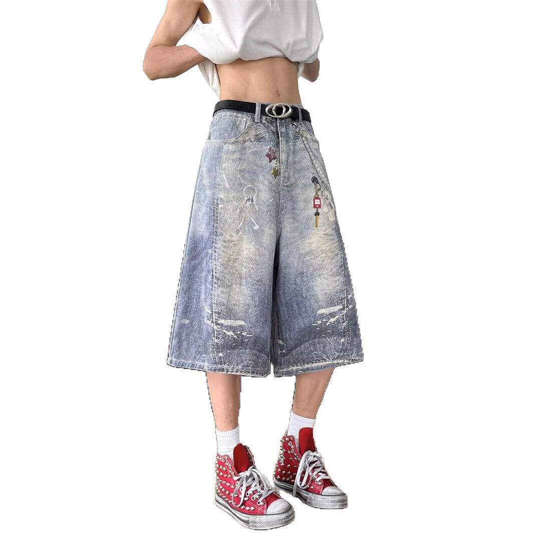Full Print Hanging Decoration Wide Leg Denim Shorts