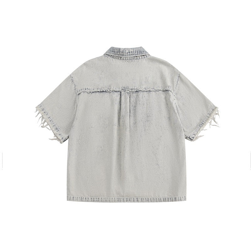 Retro Distressed Loose-Fit Denim Short-Sleeve Shirt with Raw Edges