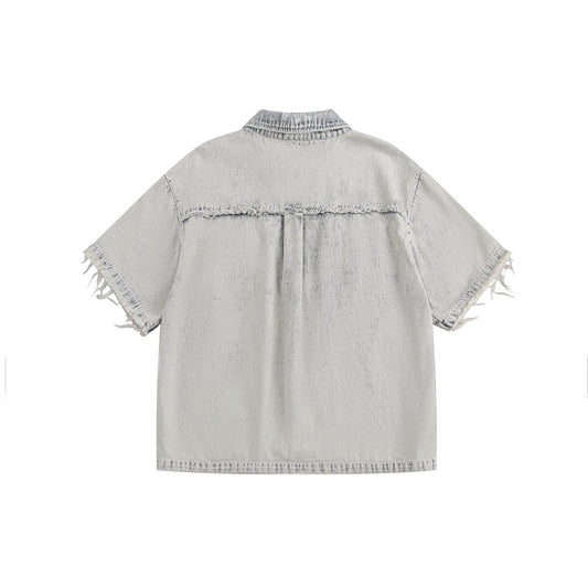 Retro Distressed Loose-Fit Denim Short-Sleeve Shirt with Raw Edges