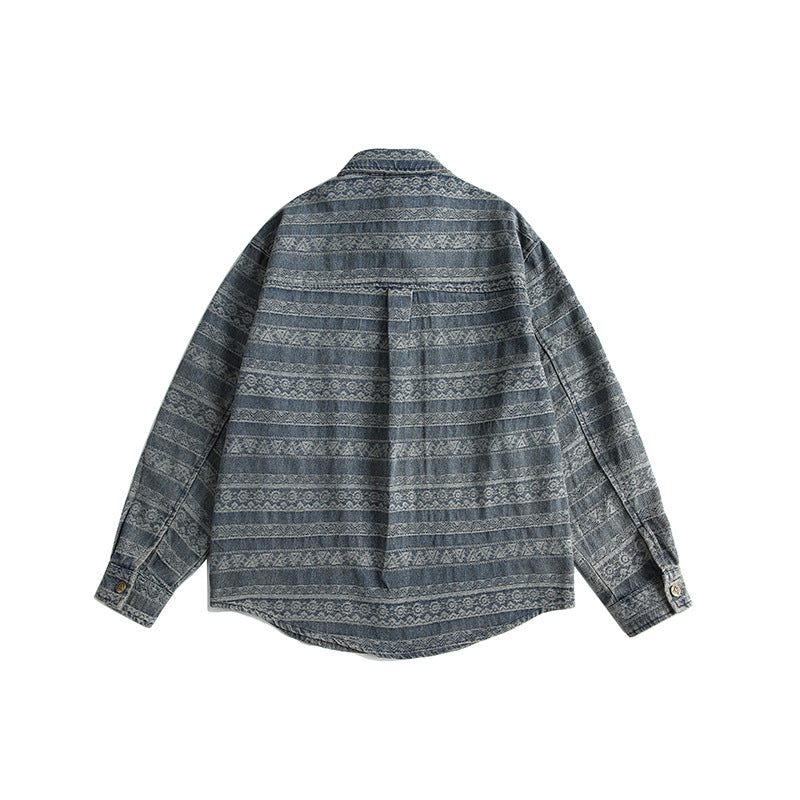 Striped Jacquard Long Sleeved Shirt Men's Distressed Washed Denim Shirt