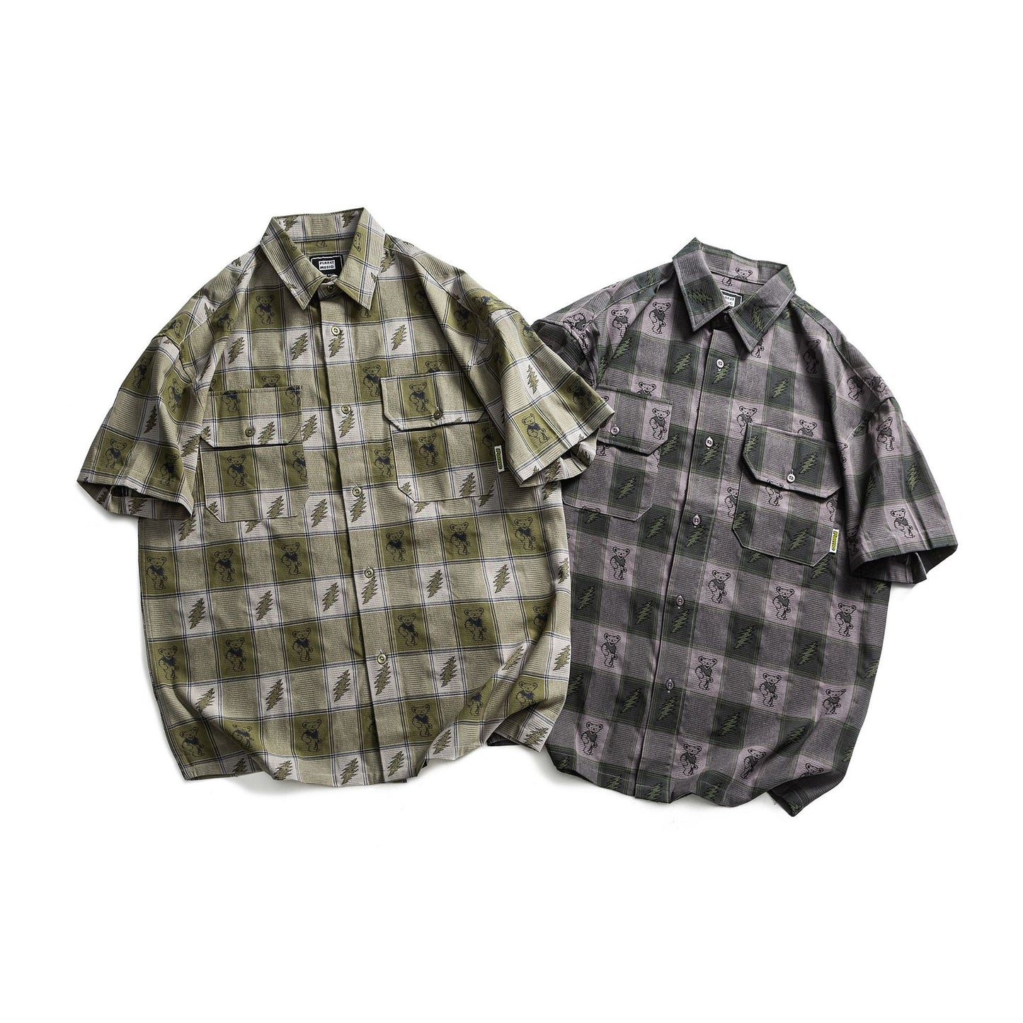 Bear Color Blocked Woven Casual Short Sleeve Shirt for Men and Women