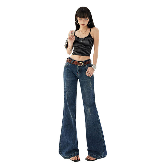 Women's Flared Jeans - Low Waist Slim Non-Clinging Trumpet Floor-Length Pants