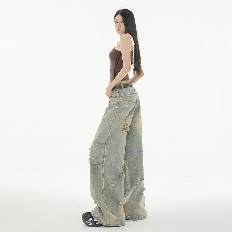 High Street Post-Apocalyptic Style Distressed Denim Pants