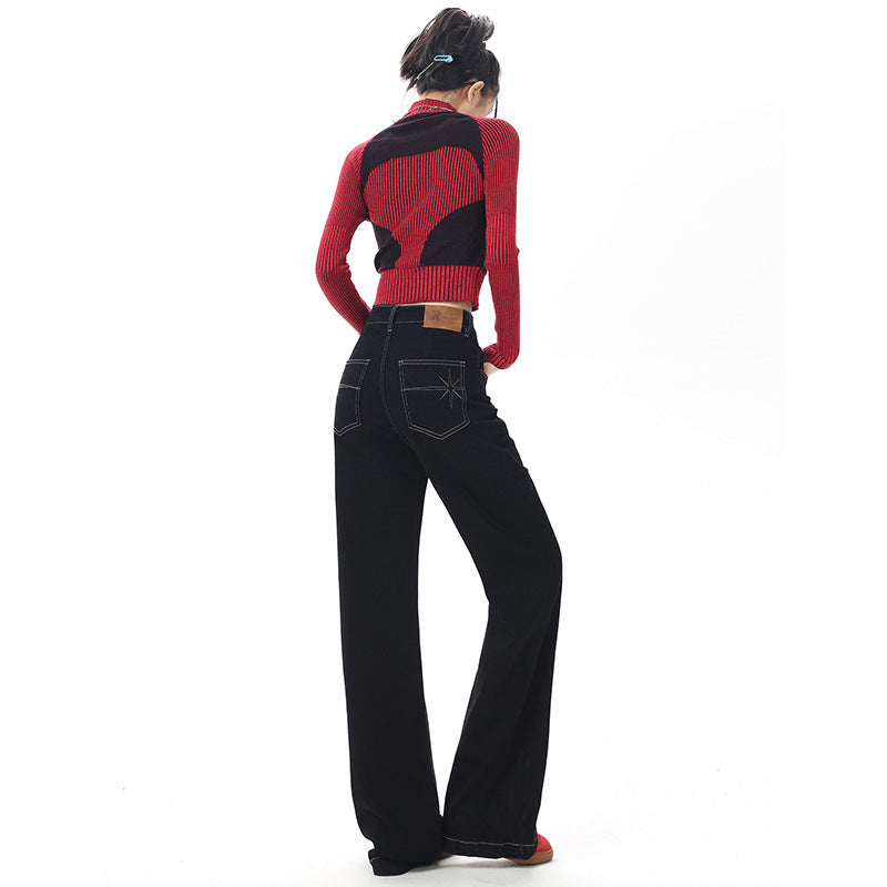Women's Black Retro Wide Leg Jeans -  Loose Floor-Length Pants