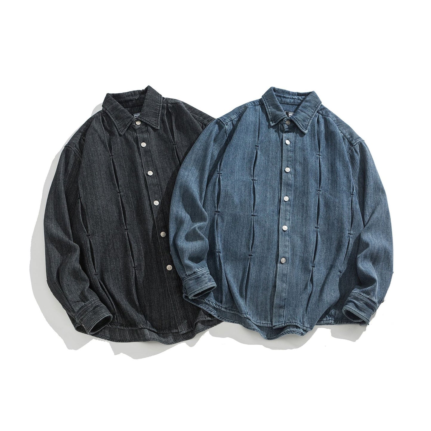Pleated Denim Collar Long Sleeved Shirt