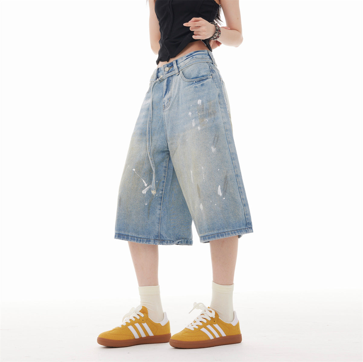 Retro Splashed Ink Design Denim Cropped Shorts