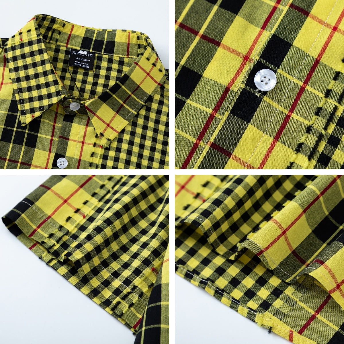 Retro Spliced Frayed Plaid Short Sleeve Shirt for Men