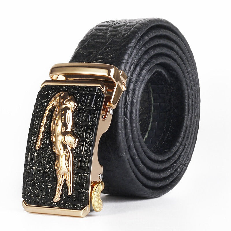 Men's Genuine Leather Belt with Automatic Buckle - Cowhide and Crocodile Pattern