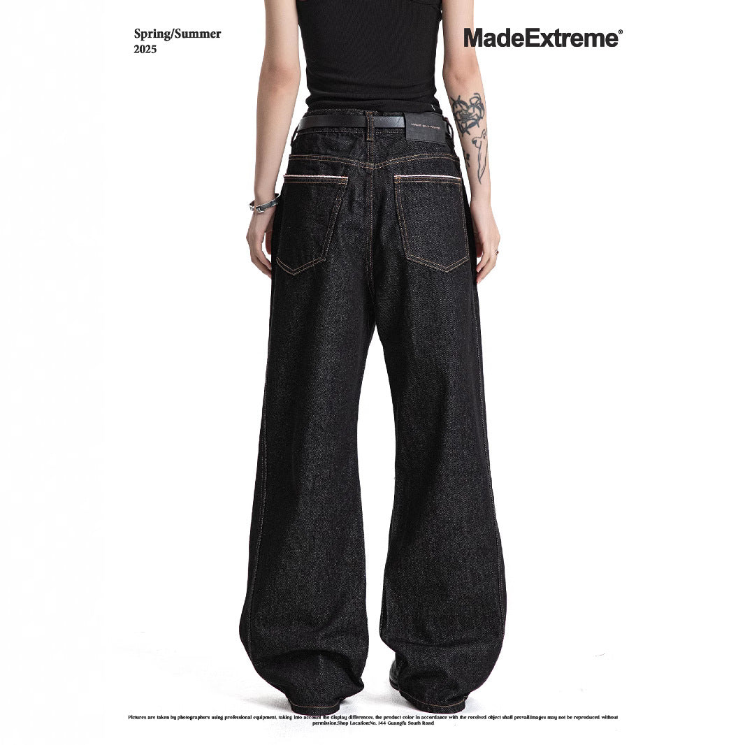 Dark Color Topstitching Straight Loose Commuting Denim Trousers