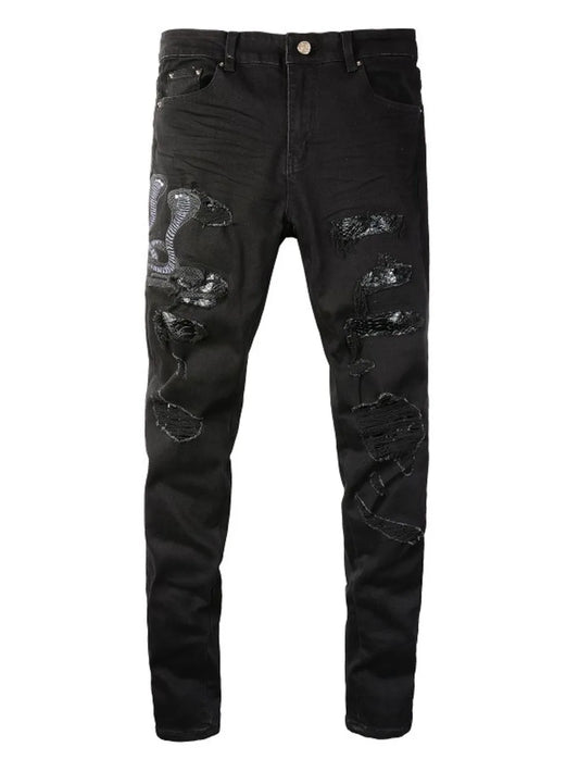 Men's Slim Fit Distressed Jeans with Snake Embroidery