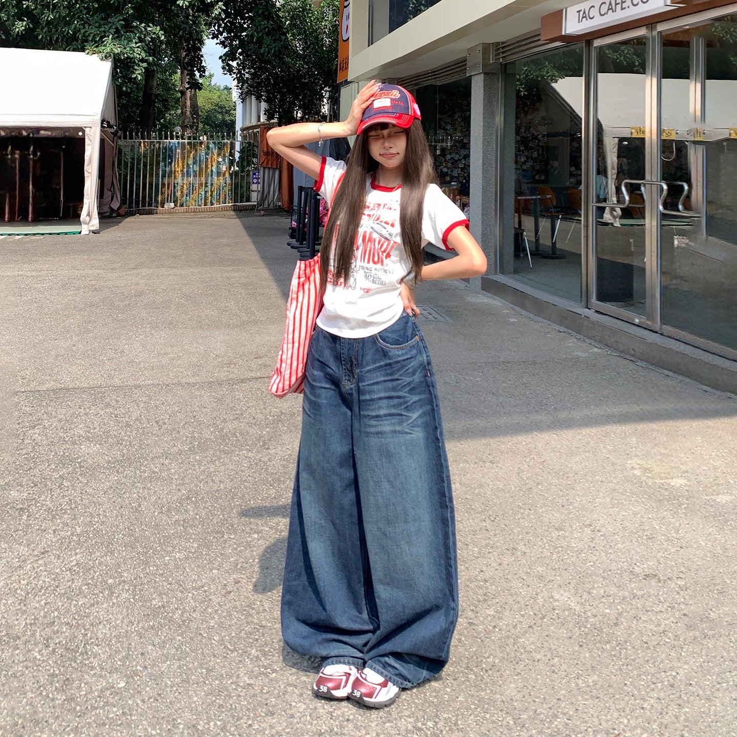 Wrinkle Cat Pattern Denim Pants for Women - High Waist Loose Fit Versatile Wide Leg Trousers