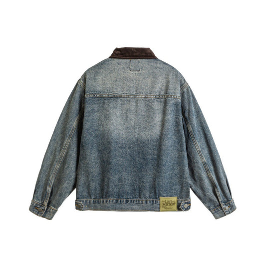 Patchwork Embroidered Washed Distressed Collar Denim Jacket