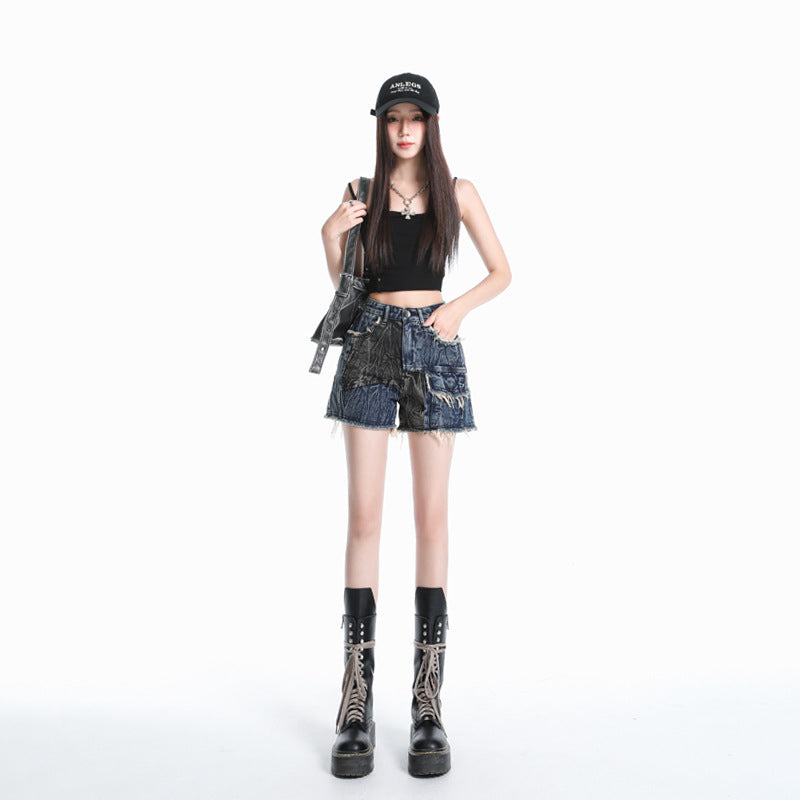 Women's Lightweight Denim Summer Shorts - Petite A-Line Color Blocked Loose Wide-Leg Hot Pants