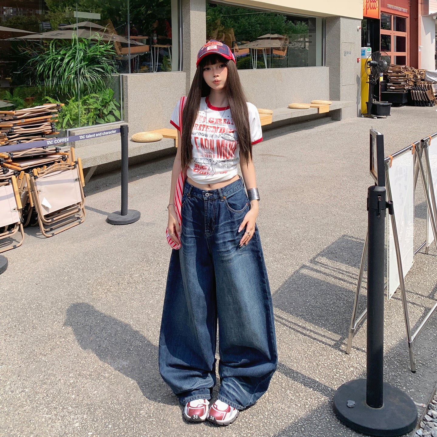 Wrinkle Cat Pattern Denim Pants for Women - High Waist Loose Fit Versatile Wide Leg Trousers