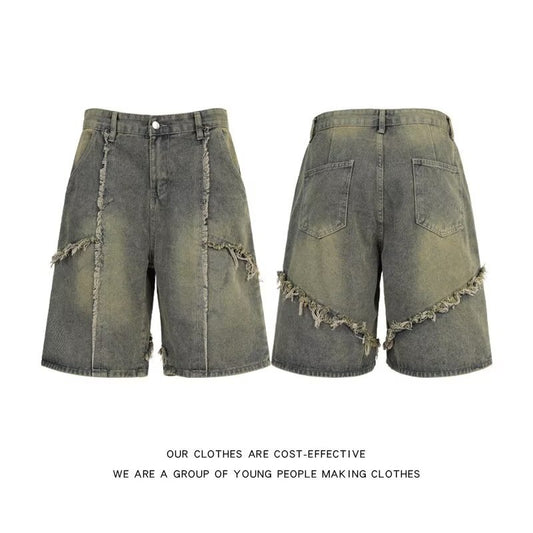 Tassel Washed Denim Summer Retro High-End Five Quarter Pants