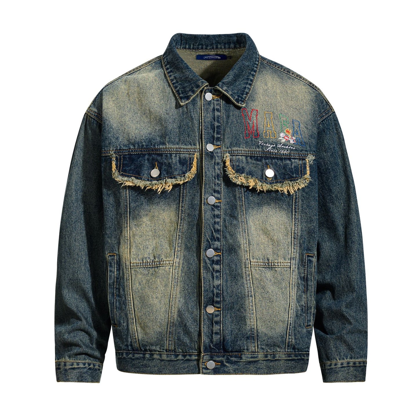 Style Washed Denim Jacket with Colorful Letter Embroidery