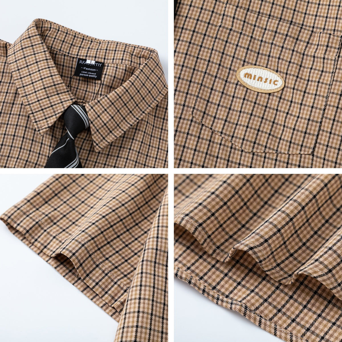 Retro Plaid Tie Collar Short Sleeve Shirt for Men and Women