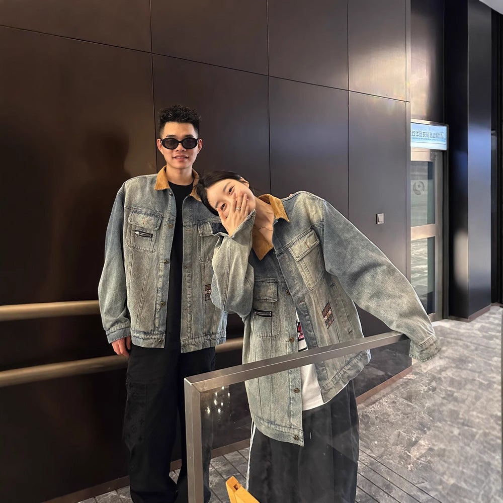 Casual Vintage Stitched Denim Jacket with Flip Collar for Men and Women