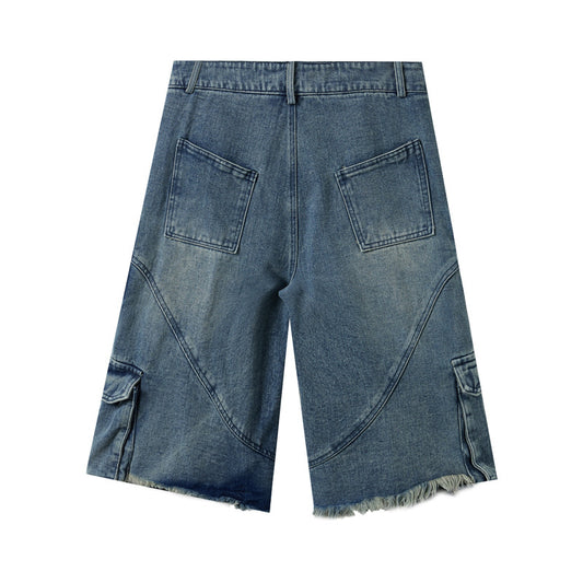 Retro Washed Five-Quarter Casual Shorts Denim Pants - Unisex Multi-Pocket Loose Wide-Leg Pants