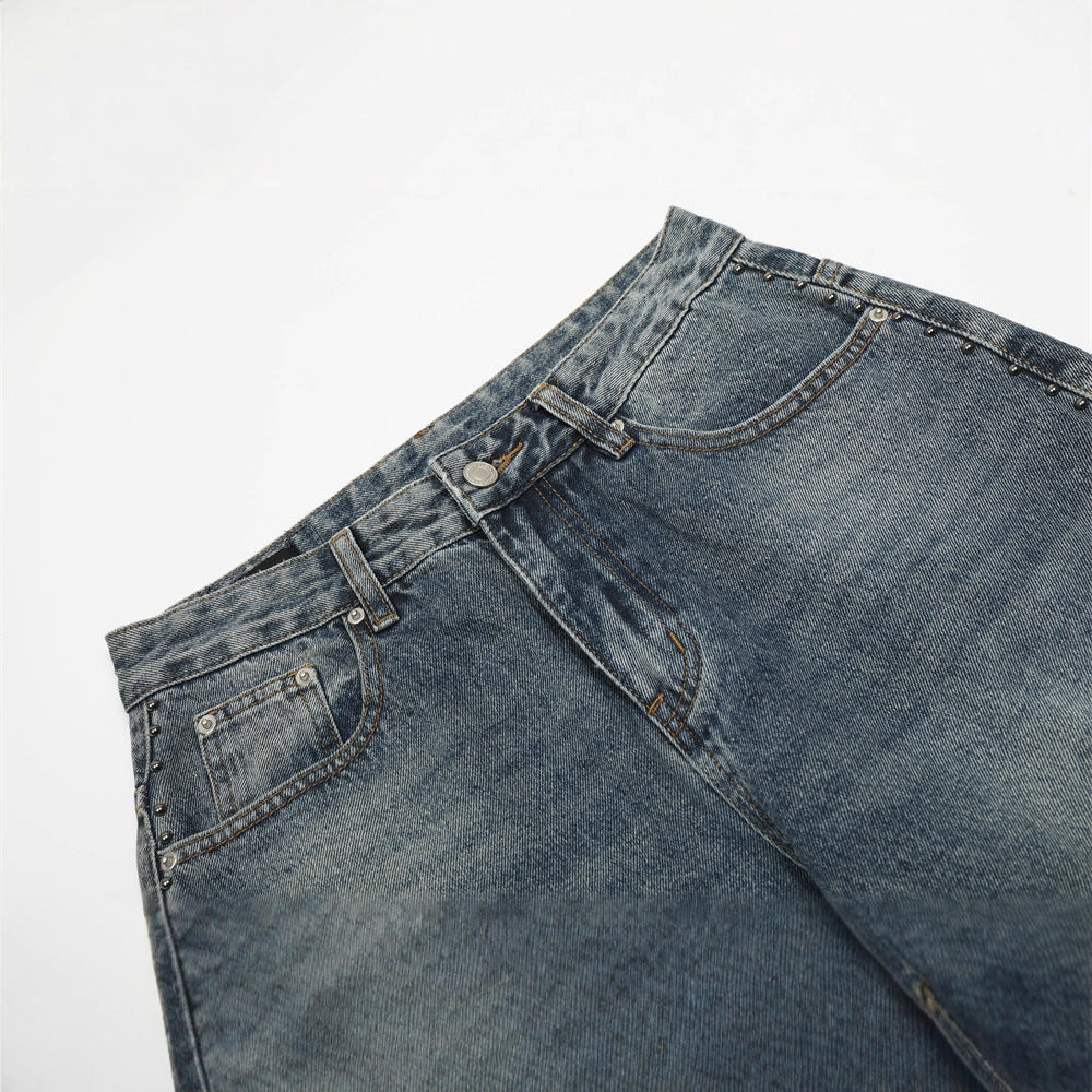 Men's Denim Pants, Patchwork Cat Whisker Design Loose Fit, Casual Wide Leg Jeans for Men