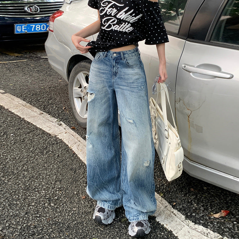 Ripped Denim Pants for Women - High Waist Loose Fit Straight Leg