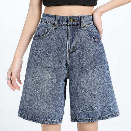 Women's Straight-Cut Mid-Length Denim Shorts with Elastic Waistband