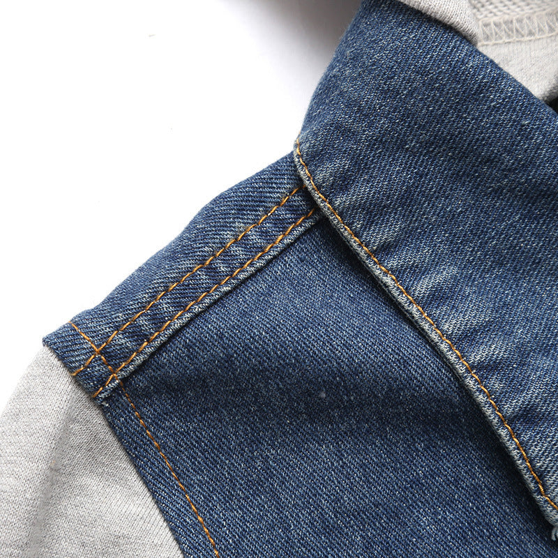Casual Men's  Style Denim Jacket with Detachable Hood and Patchwork Design