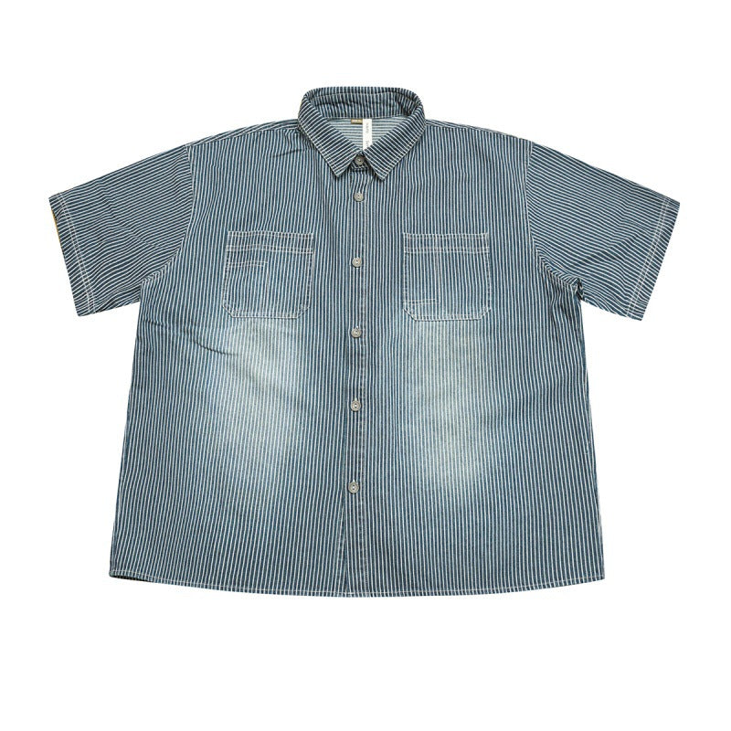 Loose Fitting Washed Striped Short Sleeve Denim Shirt with Patch Design