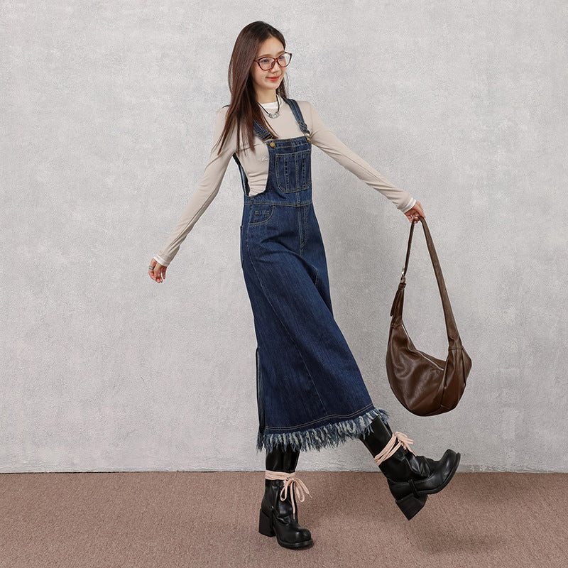 Retro Denim Pinafore Dress for Women with High Waist and Loose Fit