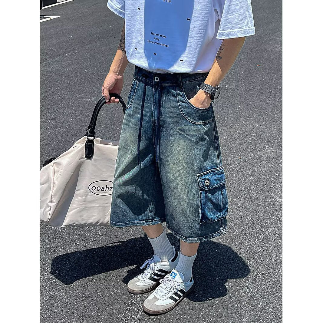 Washed Denim Seven Part Wide Leg Workwear Shorts