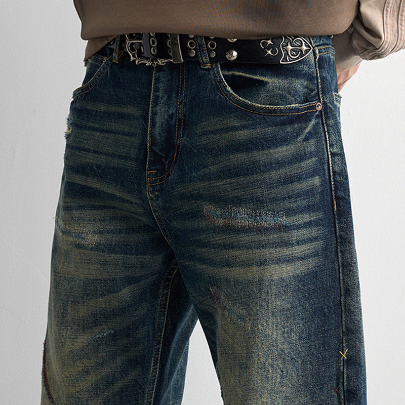 Vintage Blue Washed Straight-Fit Denim Jeans for Men