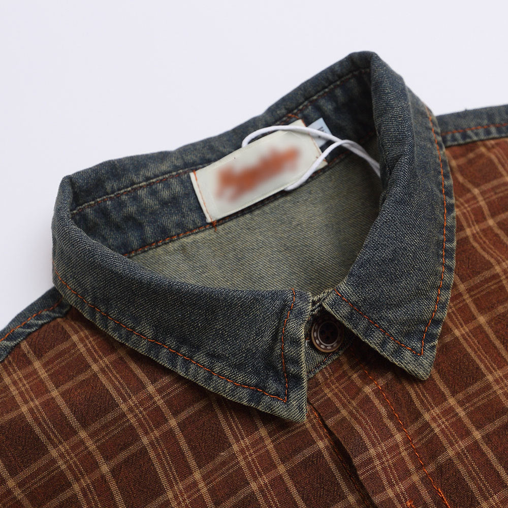 Punk Vintage Washed Denim Shirt Men's Color Block Plaid Collar Short Sleeve Loose
