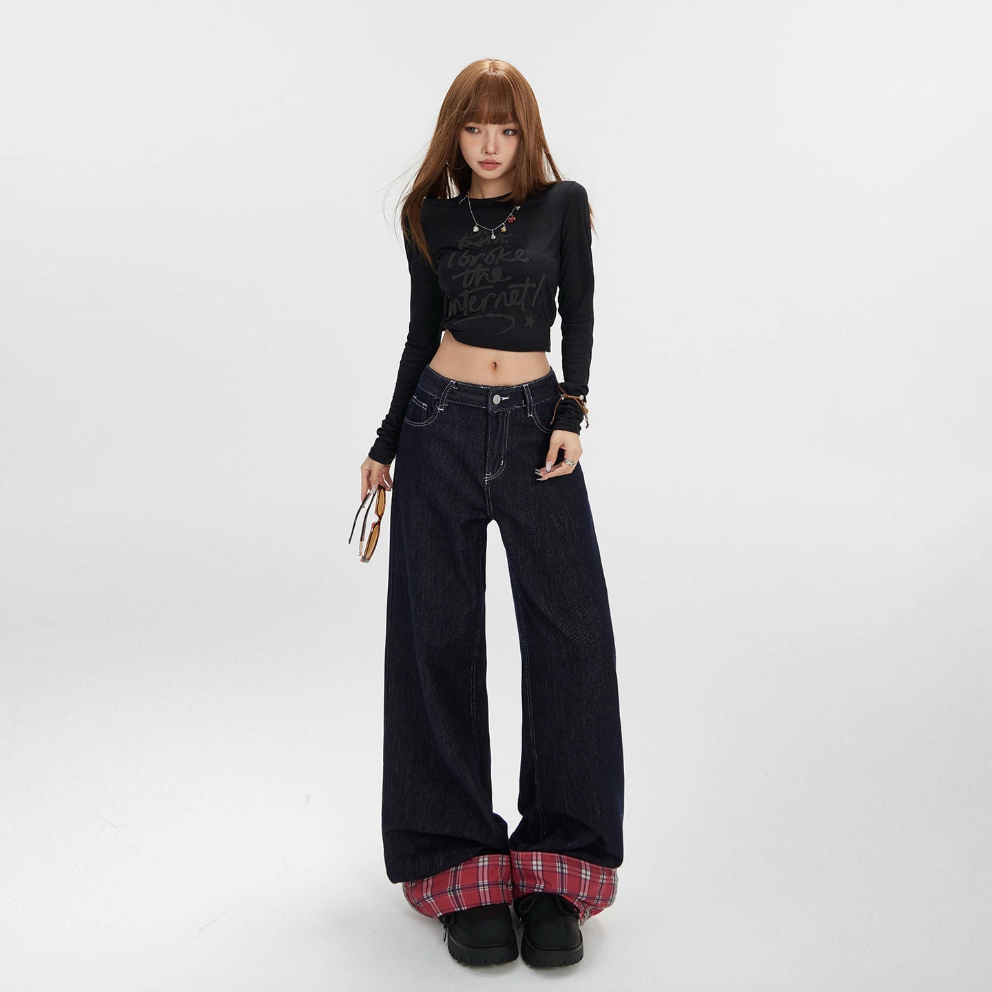 Women's Spliced Mid-Waist Denim Pants - Wide-Leg Straight Loose Trousers