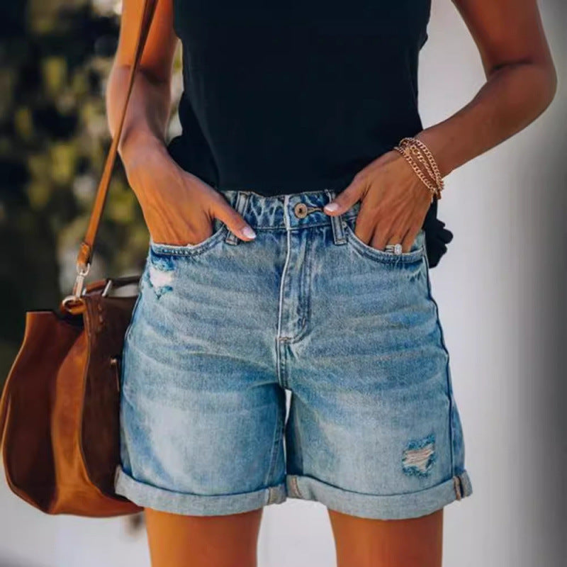 Fashion  Rolled Hem Distressed Straight Leg Women's Denim Shorts