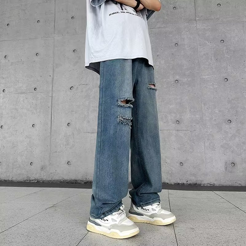 Retro Street Slimming Straight Blue Pants