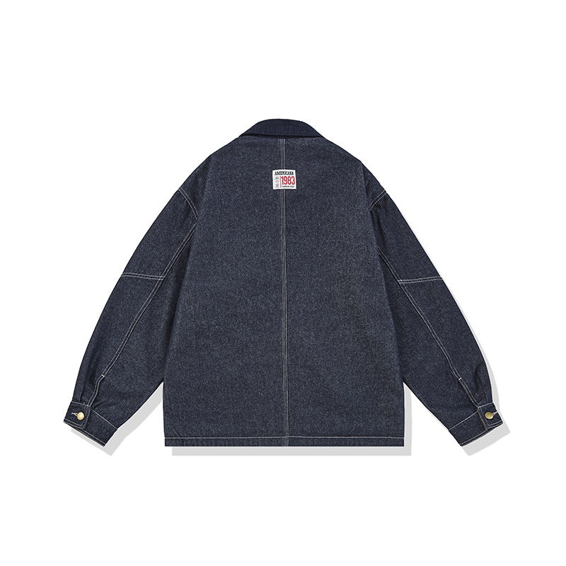 Color-Block Turn-Down Collar Multi-Pocket Loose-Fit Denim Jacket