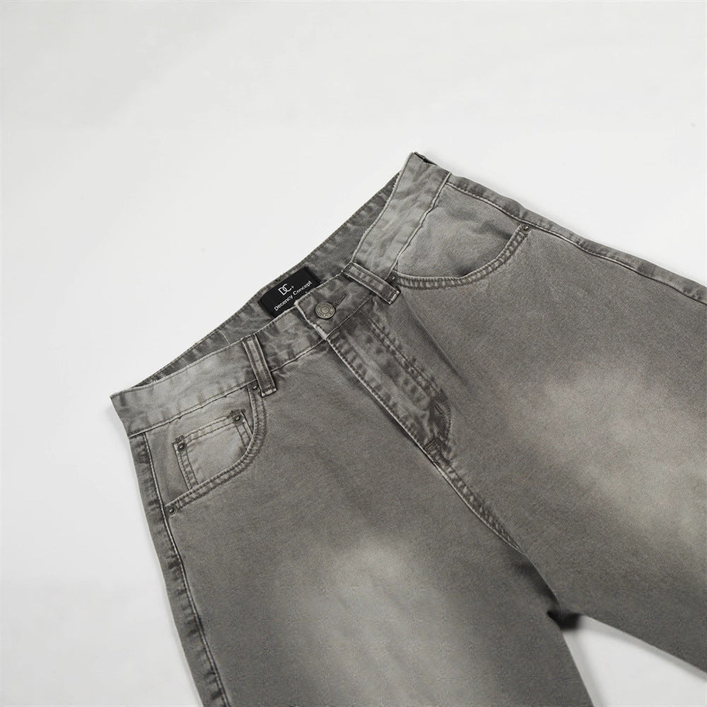 Retro Men's Pants, Distressed Washed Flared Tapered Jeans, Loose Wide Leg Casual Pants for Men