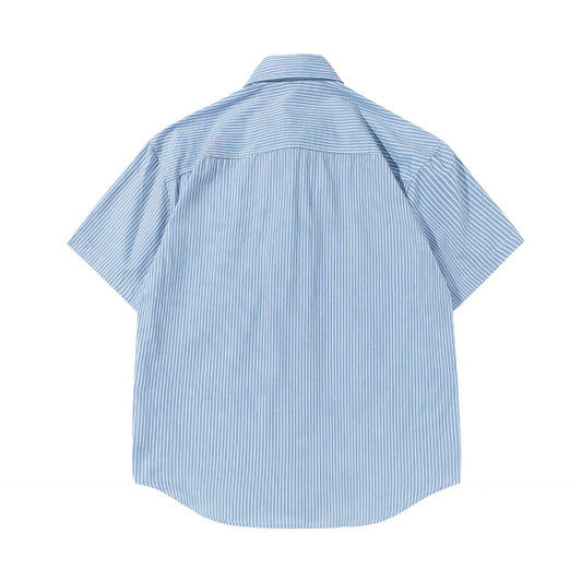 Minimally Striped Denim Embroidered Short Sleeved Shirt for Men