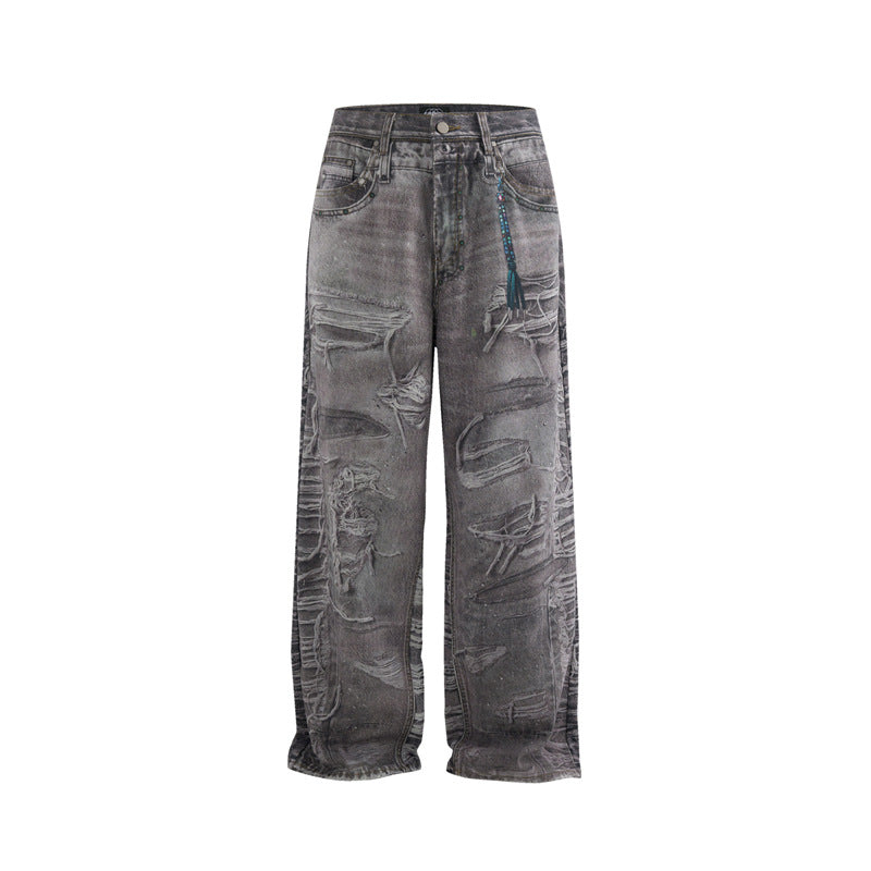 Heavy-Duty Vintage Wash Loose Fit Denim Trousers with Digital Print