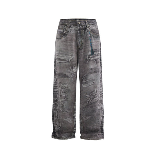 Heavy-Duty Vintage Wash Loose Fit Denim Trousers with Digital Print
