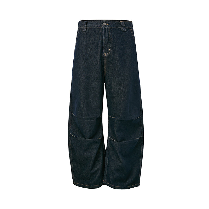 Jeans with Double Knee Tucks Vintage Baggy Deep Blue Denim Pants for Men and Women
