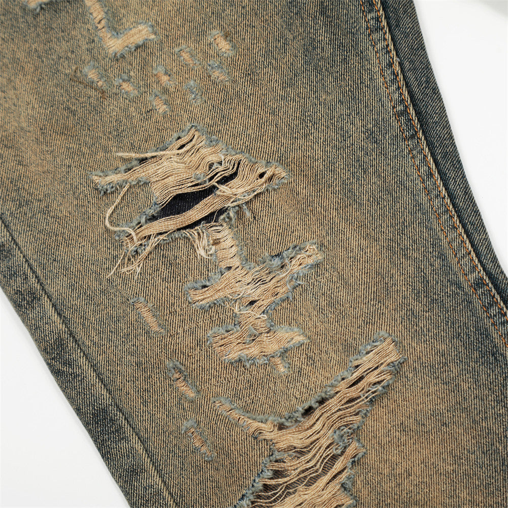 Men's Heavy-Duty Distressed Denim Long Pants - Vintage Street Fashion Loose Straight Leg Trousers