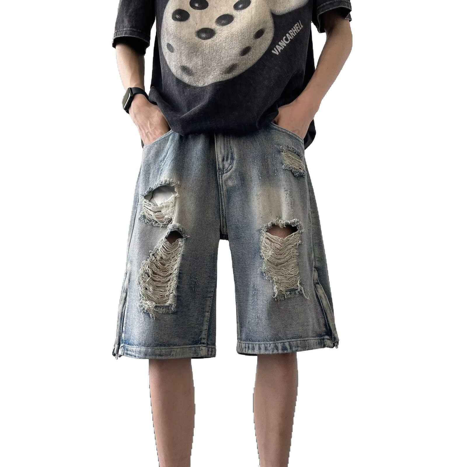 Zipper Slit Loose Straight Leg Casual Five Quarter Pants