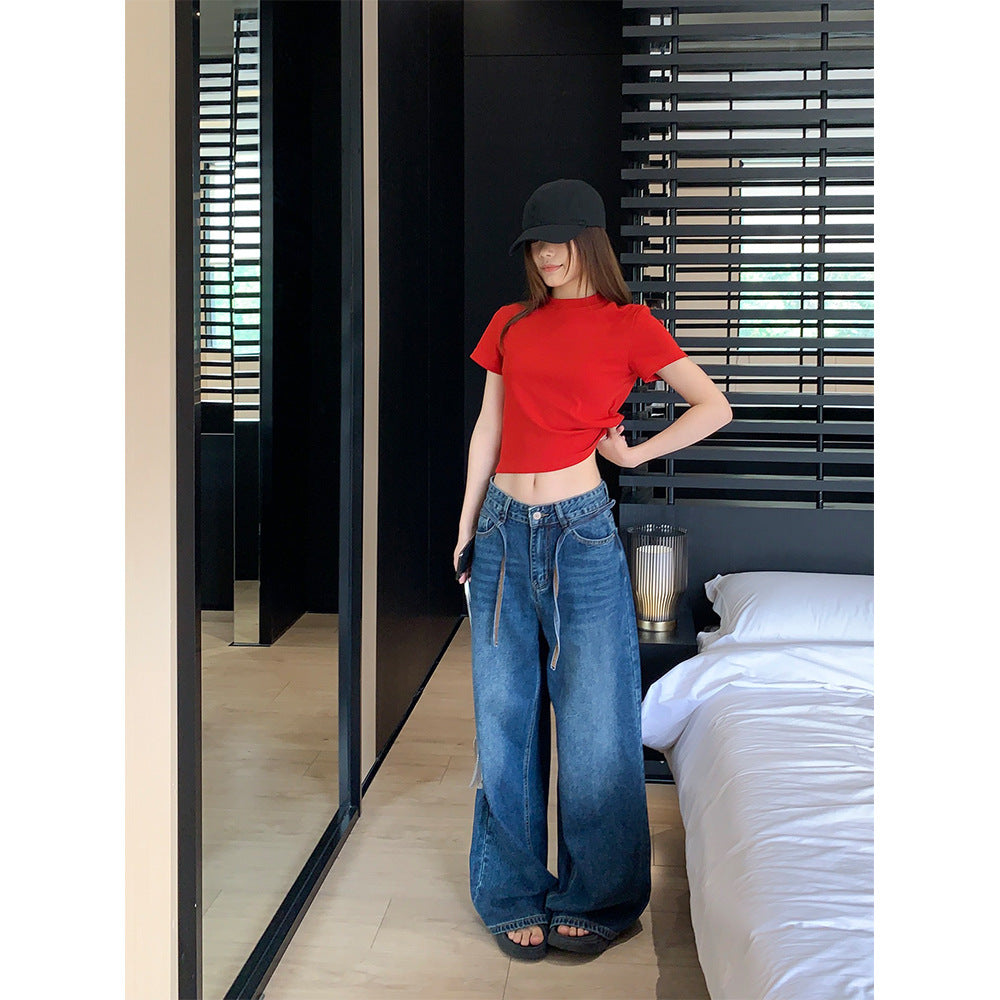 Adjustable Drawstring Wide Leg Denim Pants for Women - Casual Loose Fit Trousers