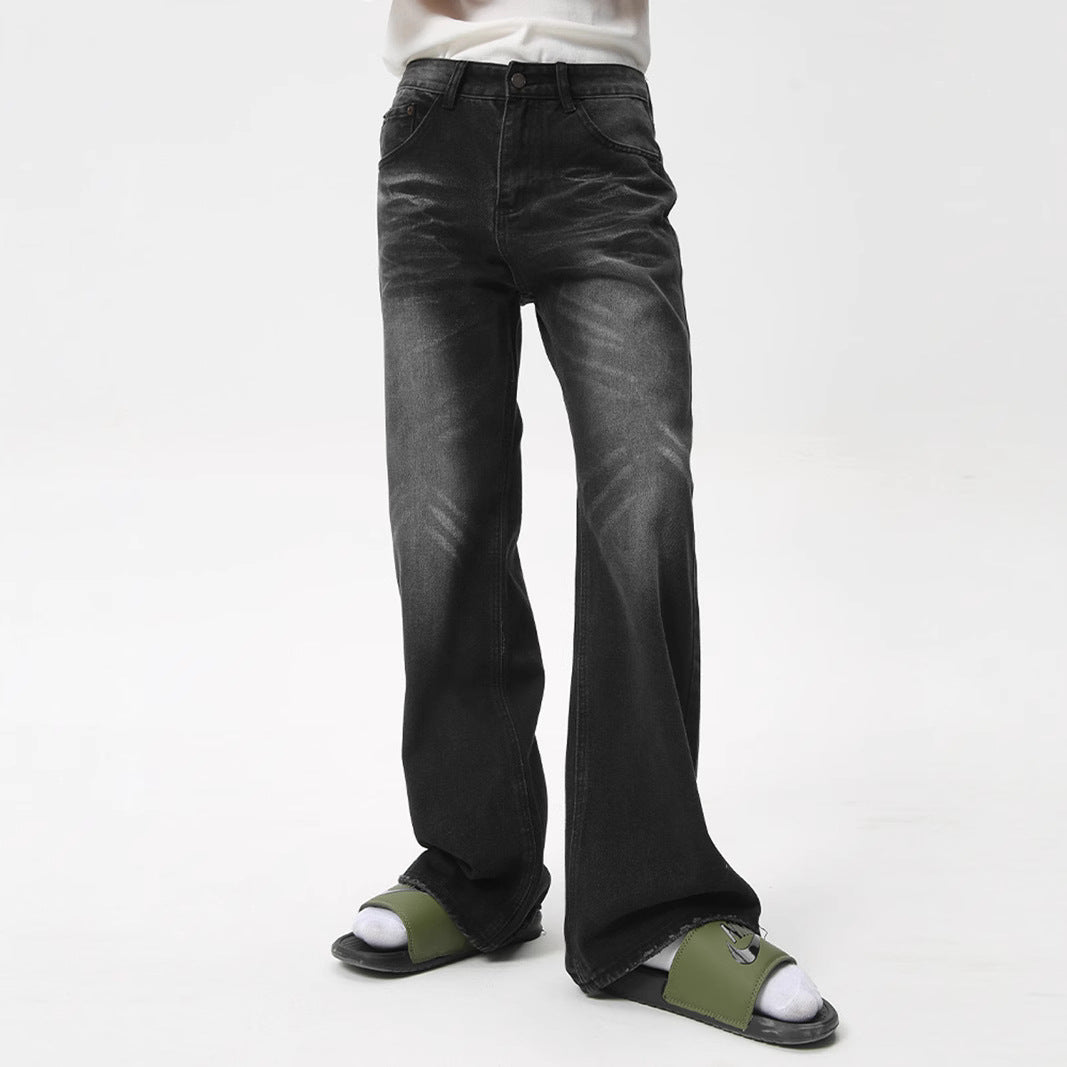 Retro Washed Black Slight Flare Denim Pants for Men - High Street Slim Fit