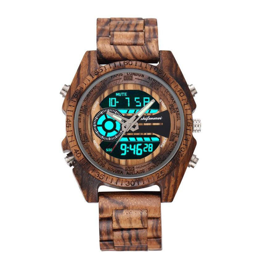 Antique Natural Digital Men's Watches with LED Display, Wooden Leather Luminous Hand Boys' Wristwatches Bracelet Wristband