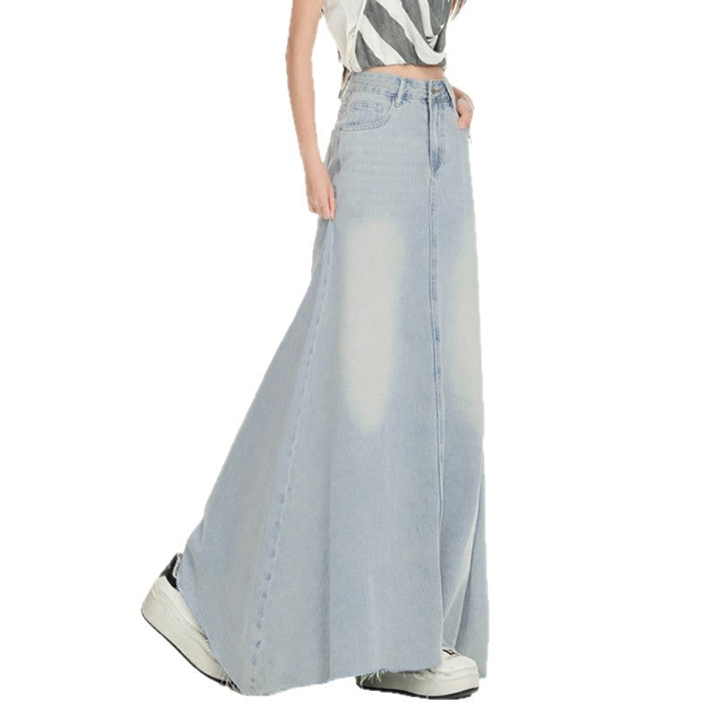 High-Waisted Flowing Denim Skirt for Women - Flared Design with Frayed Hem
