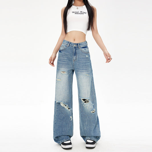 Vintage Destroyed Loose Denim Pants for Women - Wide Leg Floor Length Trousers
