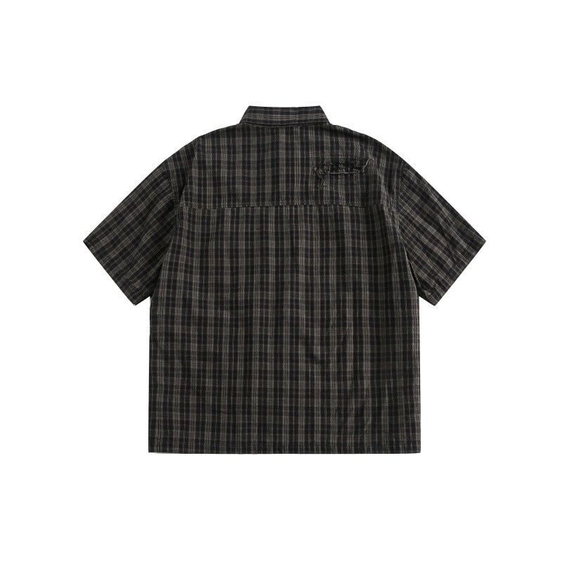 Patch Pocket Perforated Design Checkered Short Sleeved Shirt for Men