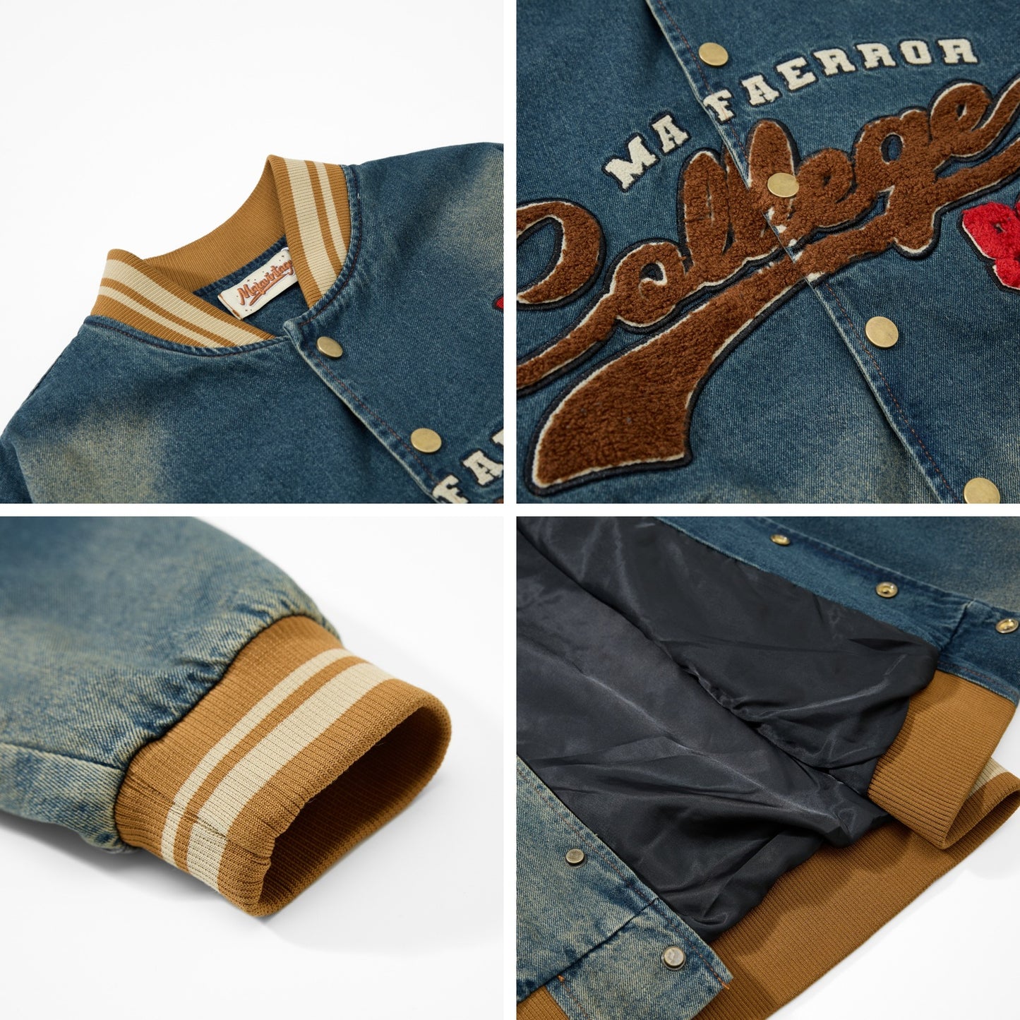 Vintage Washed Letter Embroidery Baseball Jacket for Men and Women - Casual Denim Jacket